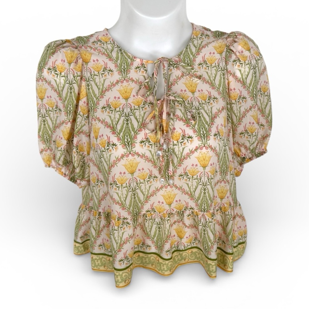 CeCe Floral Tie-Neck Puff Sleeve Blouse in Cream, Yellow & Green